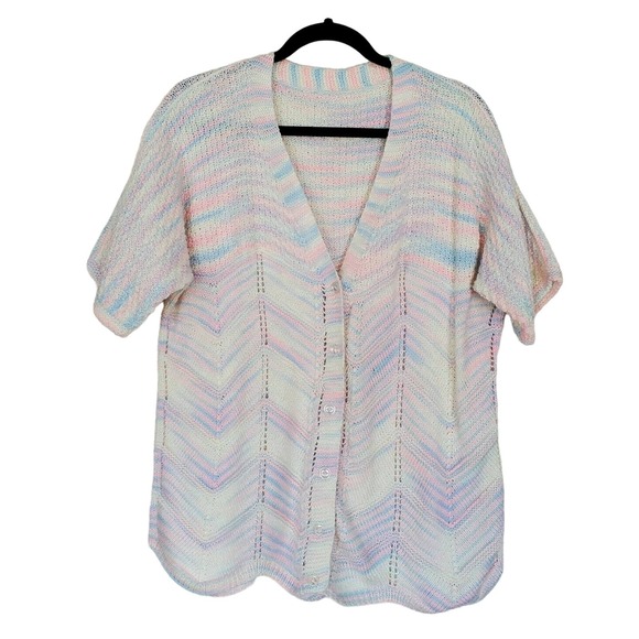 Vintage Handmade Sz L Pastel Knit Button Up Short Sleeve Grannycore Cardigan - Picture 1 of 6